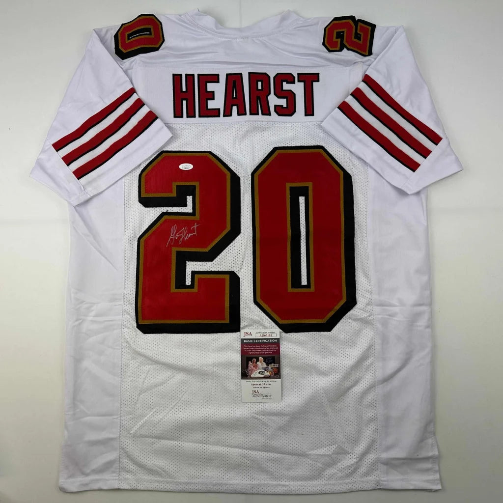 White HEARST 20 custom jersey with red numbers and autograph, perfect for sports fans