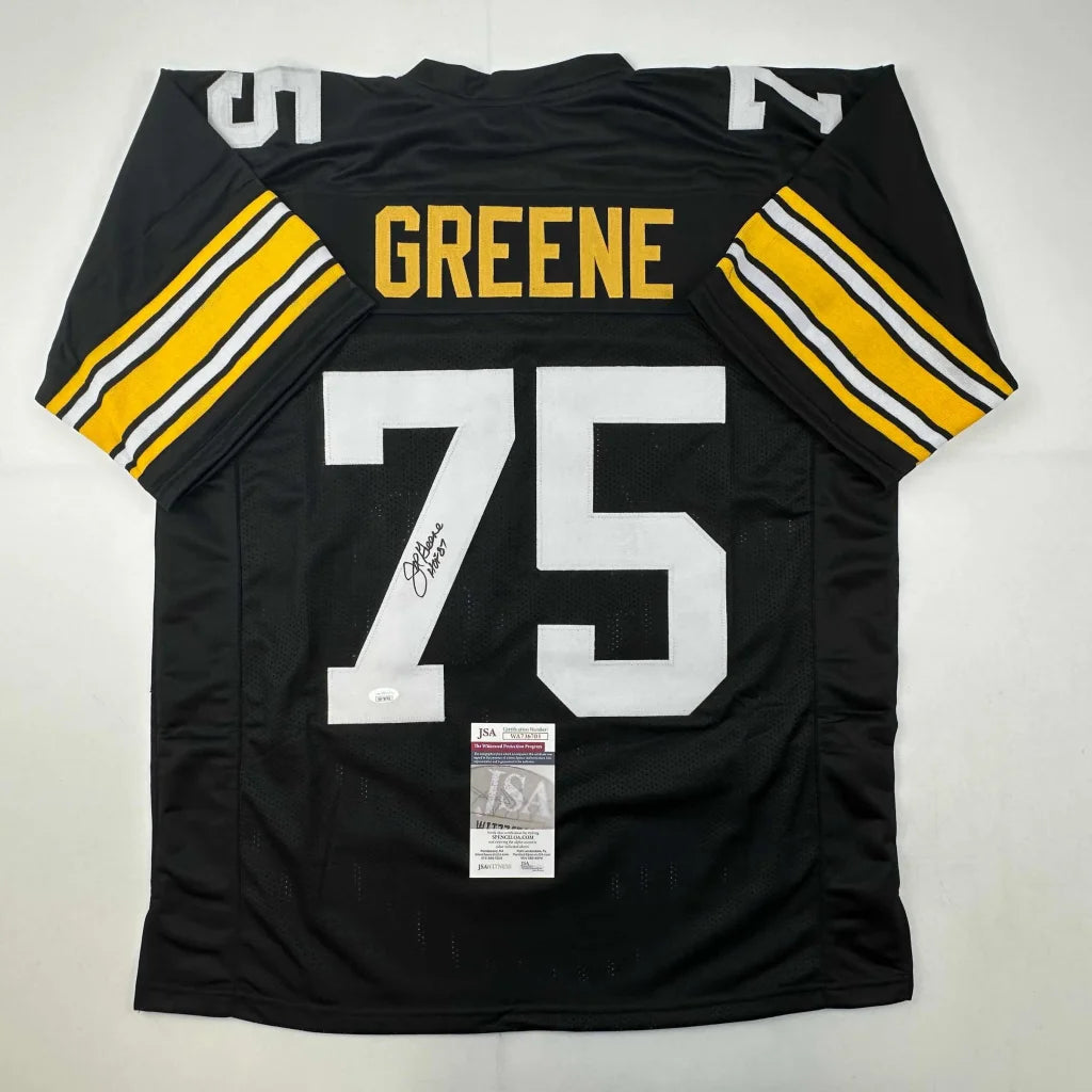 Black and yellow Pittsburgh Steelers custom jersey honoring Mean Joe Greene, number 75