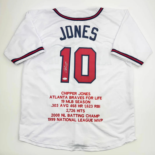 White custom jersey with JONES 10, autograph, stats, perfect for sports league fans
