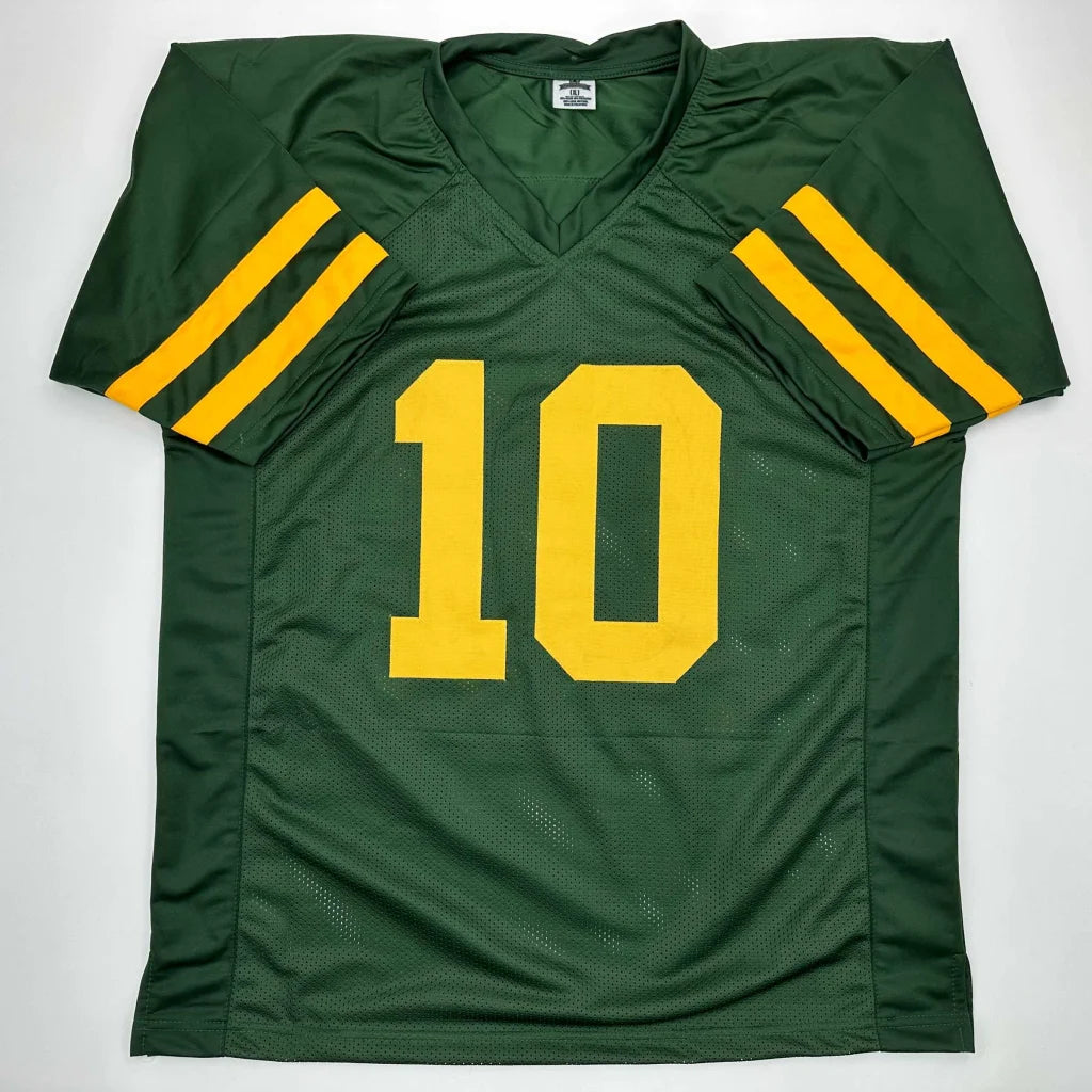 Custom Green Bay Packers jersey with yellow number 10 and shoulder stripes for professional sports fans