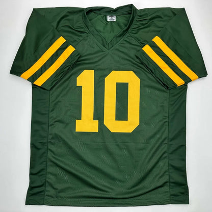 Custom Green Bay Packers jersey with yellow number 10 and shoulder stripes for professional sports fans