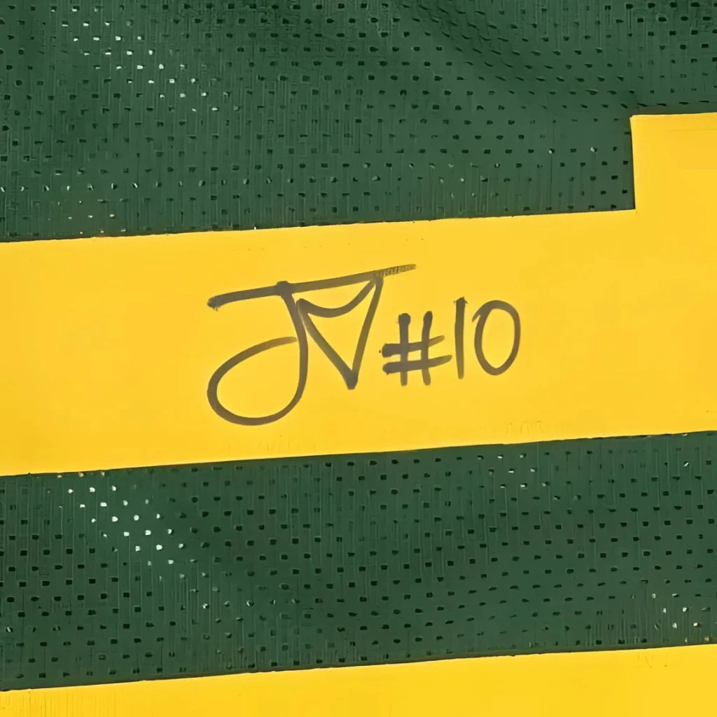 Green and yellow custom jersey with autograph, perfect for Packers fans and pro sports lovers