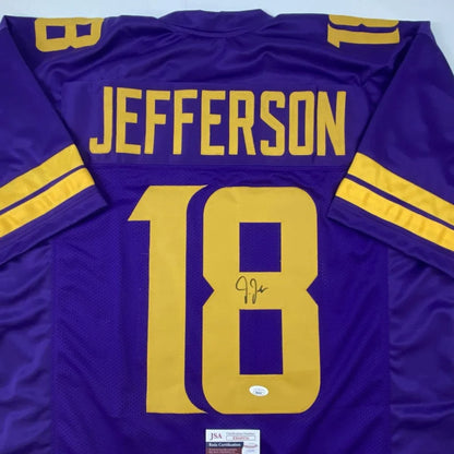 Purple and gold custom jersey with signature, perfect for Justin Jefferson fans