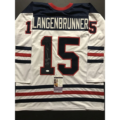 Autographed white custom jersey with LANGENBRUNNER 15 for hockey fans in professional sports league
