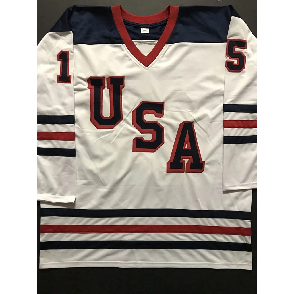 White navy red custom hockey jersey with USA lettering from professional sports league
