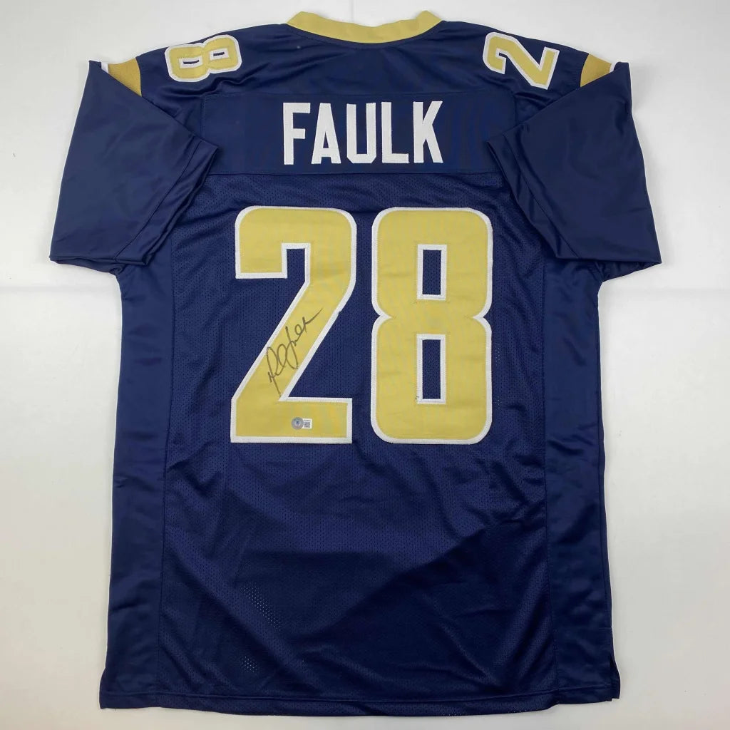 Autographed Marshall Faulk #28 football jersey from a custom jersey collectible item