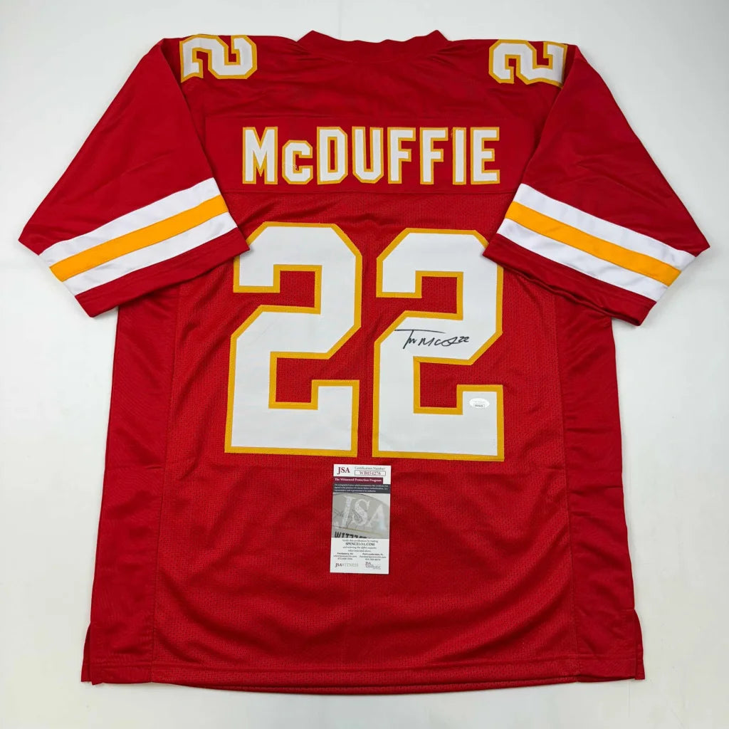Red Kansas City Chiefs custom jersey by McDuffie 22, signed, pro sports league gold accents