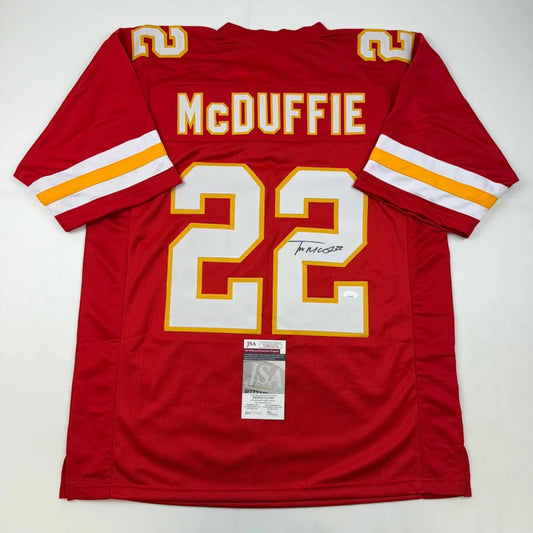 Red Kansas City Chiefs custom jersey by McDuffie 22, signed, pro sports league gold accents