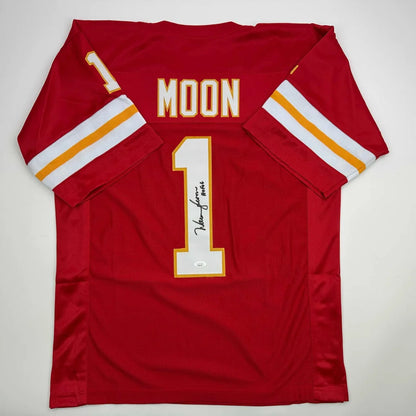 Red Kansas City Chiefs custom jersey with Moon number 1 in gold