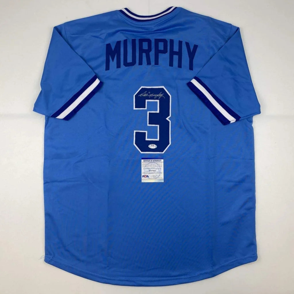 Blue custom jersey with Murphy 3 autographed, perfect for baseball fans and sports collectors