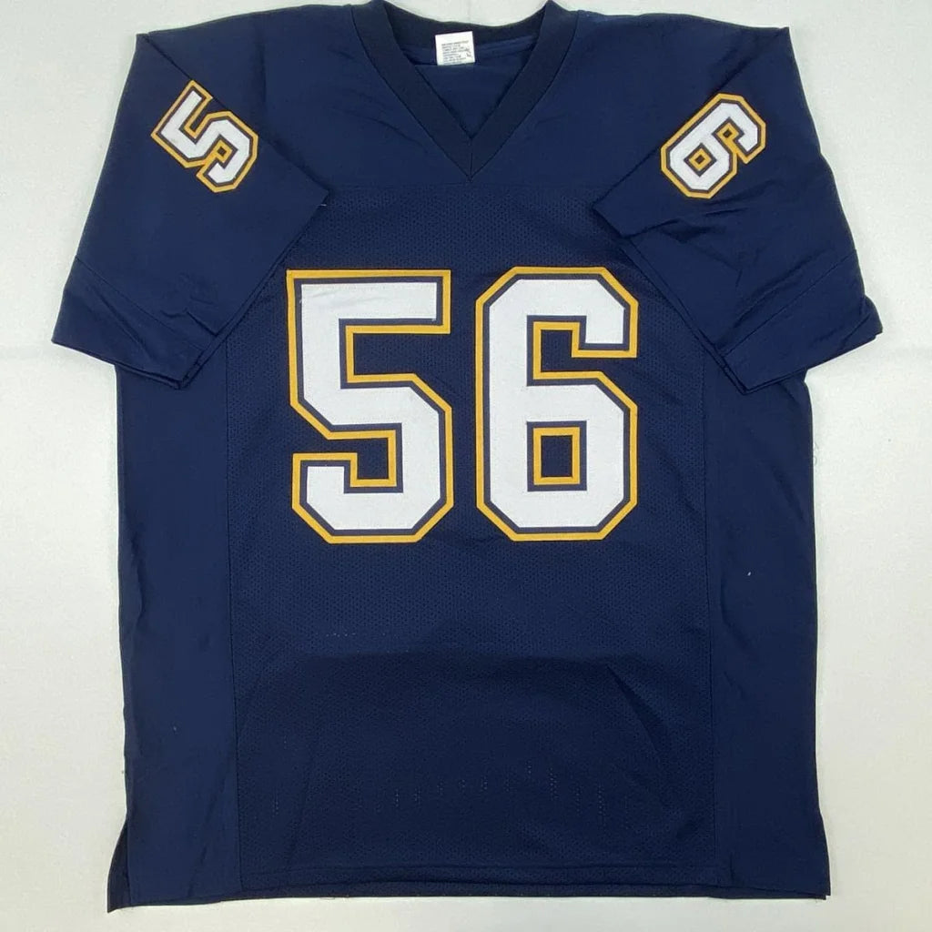 Dark blue custom jersey with white and gold 56 numerals from a professional sports league
