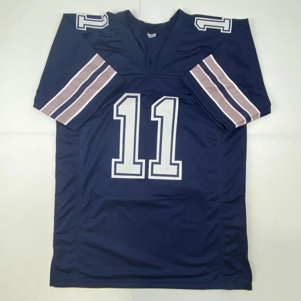 Custom navy blue professional sports jersey with white gray number 11