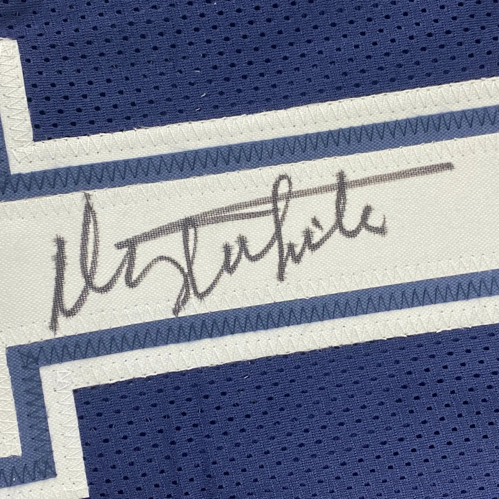 Custom navy blue white mesh jersey with stitched signature for professional sports league