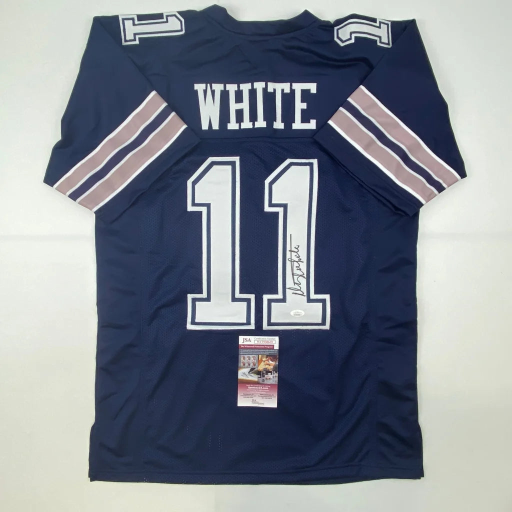 Navy blue custom Dallas Cowboys jersey with white stripes and White 11 on back