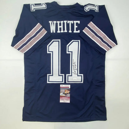 Navy blue custom Dallas Cowboys jersey with white stripes and White 11 on back