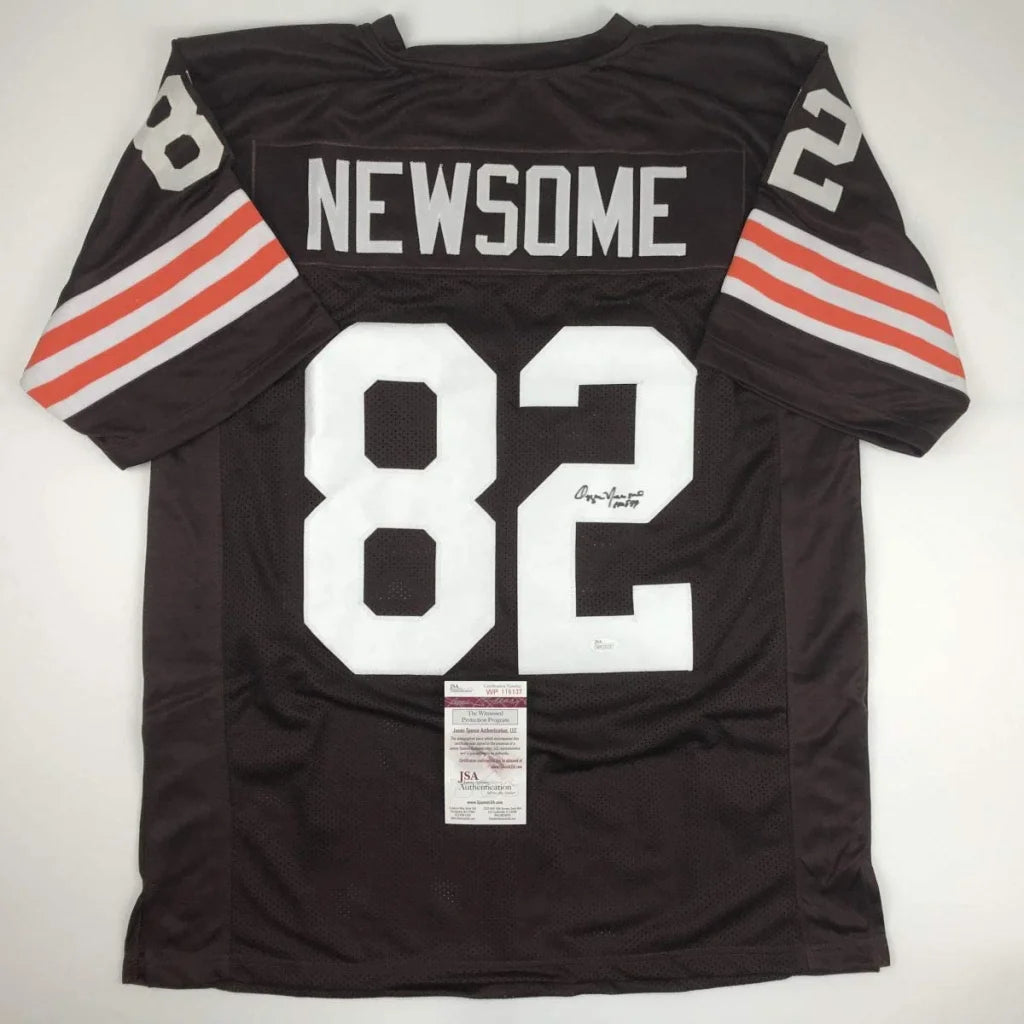 Signed brown football jersey with NEWSOME 82 for sports league fans, authentic collectible