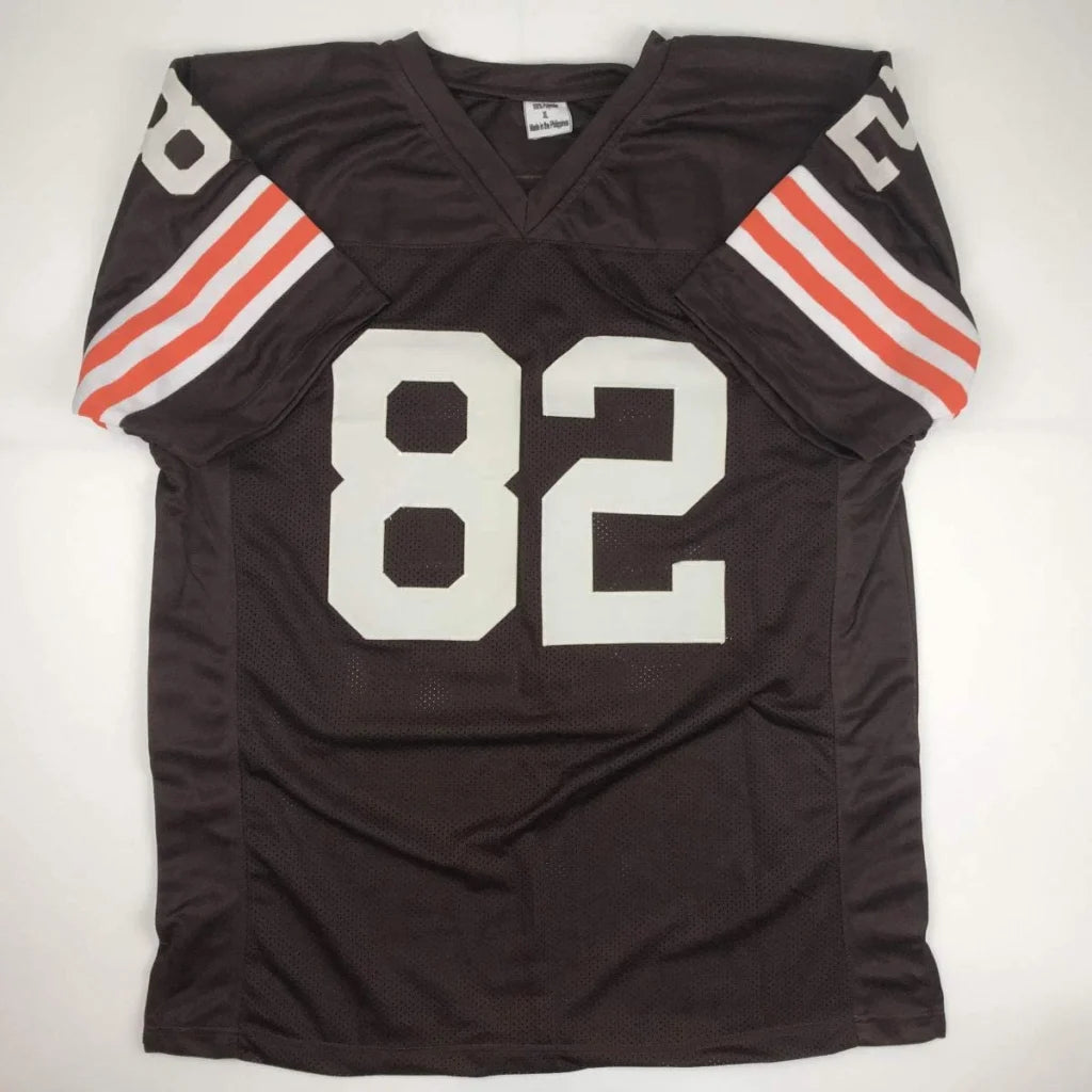 Brown custom jersey with white and orange stripes and 82 for professional sports fans