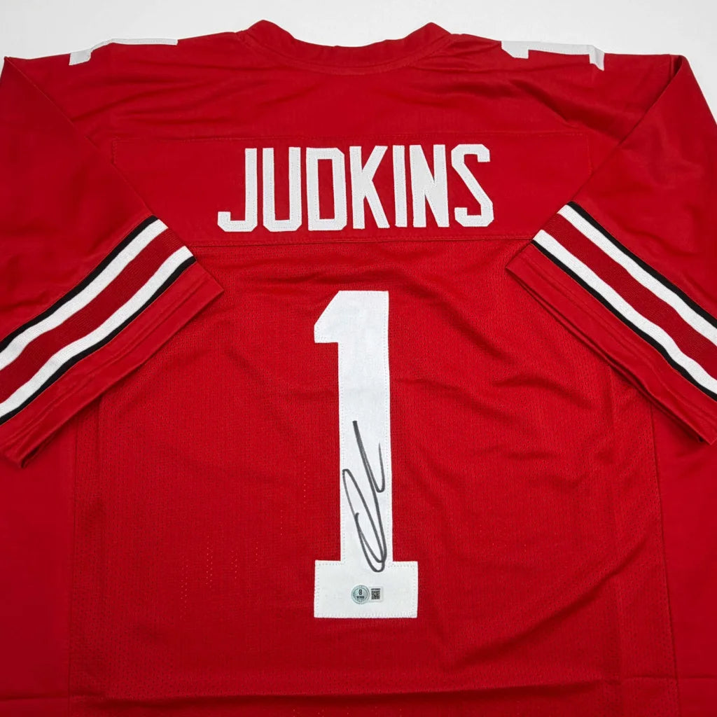 Red adidas custom jersey number 1 in white lettering, pro sports collectible