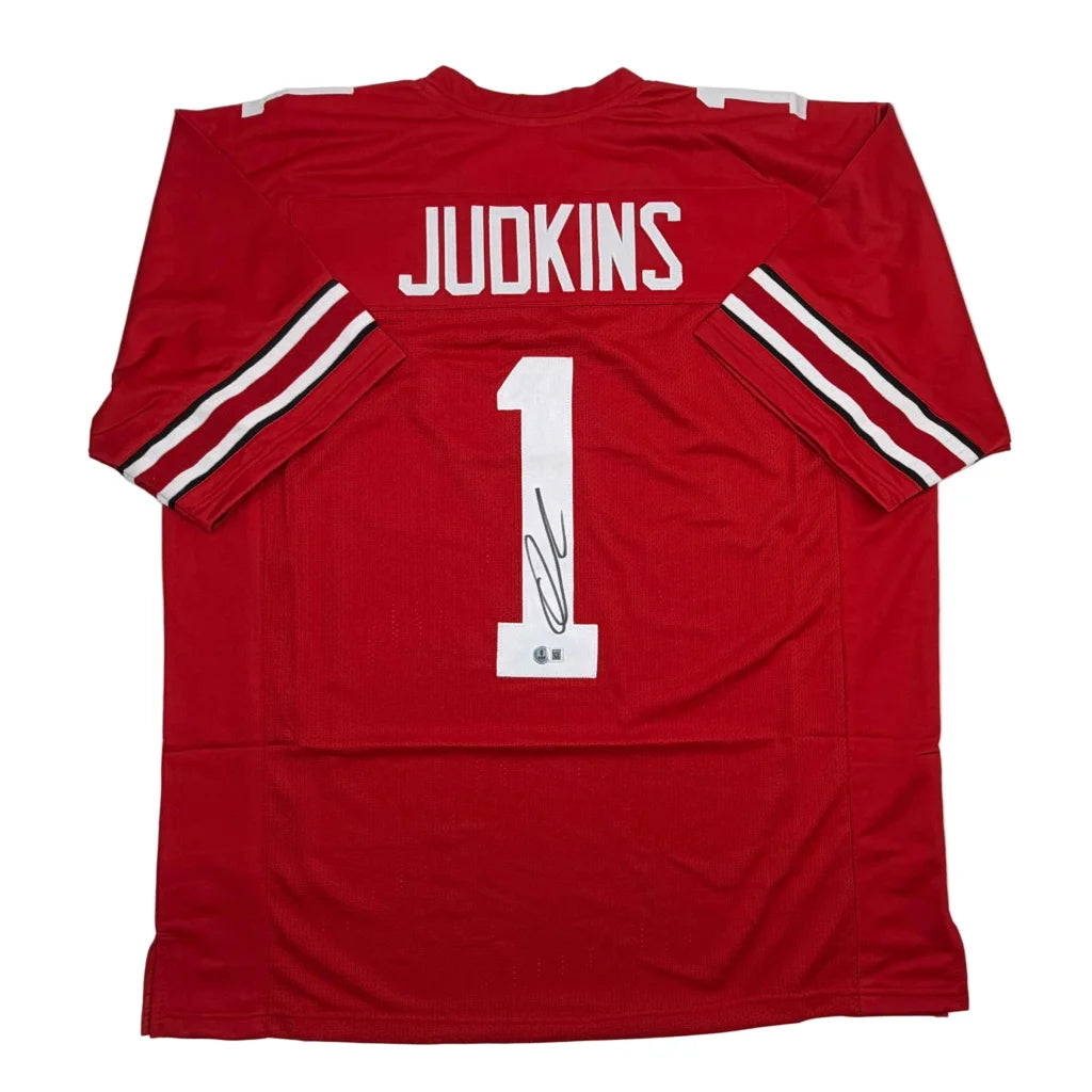 Red custom jersey with white stripes, number 1, pro sports collectible