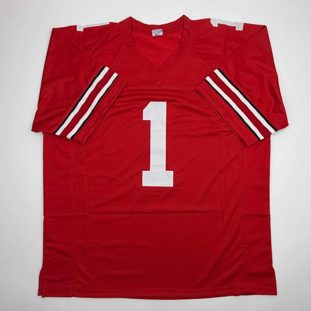 Red custom jersey number 1 with white stripes, pro sports collectible