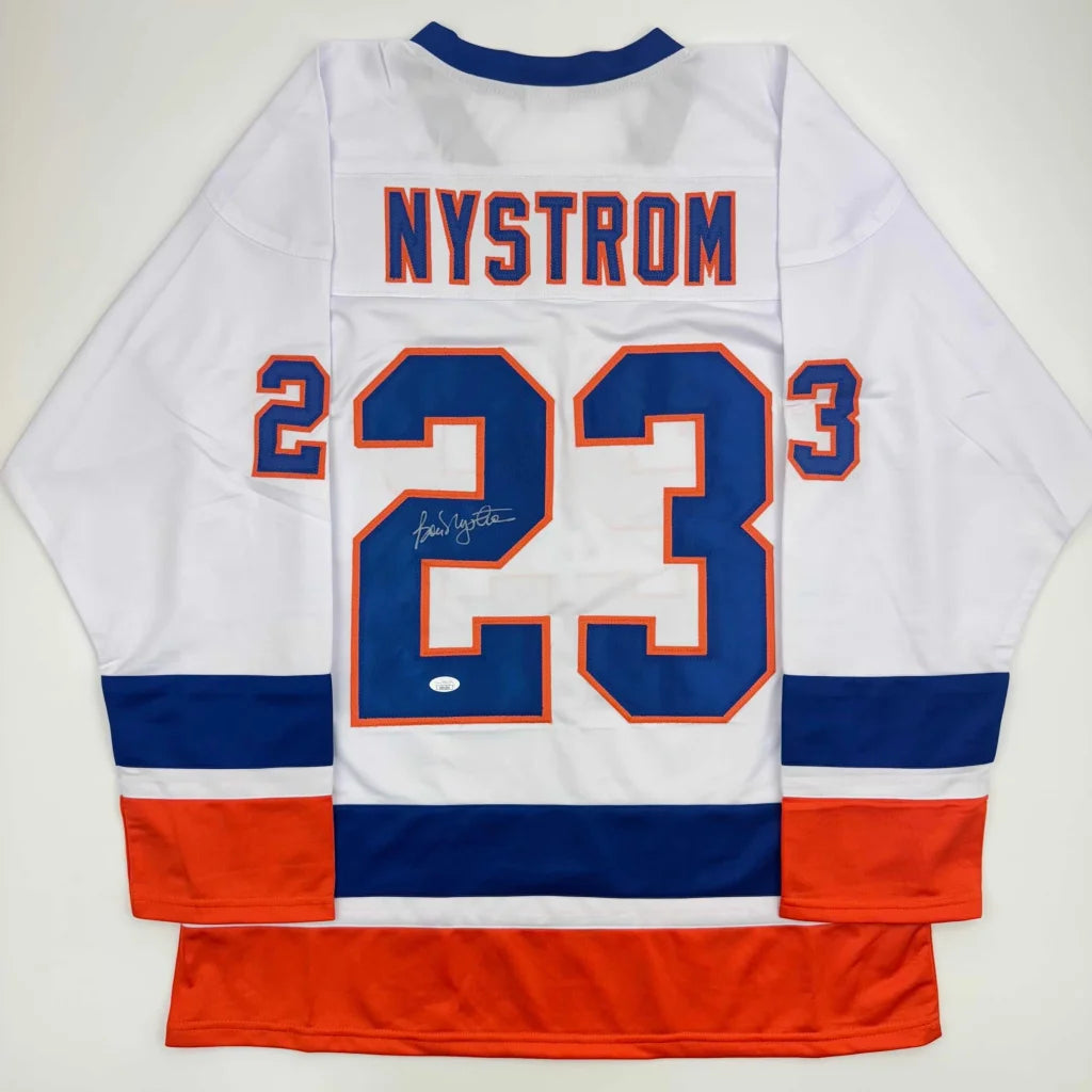 White Nystrom 23 custom jersey in blue orange stripes for professional sports league