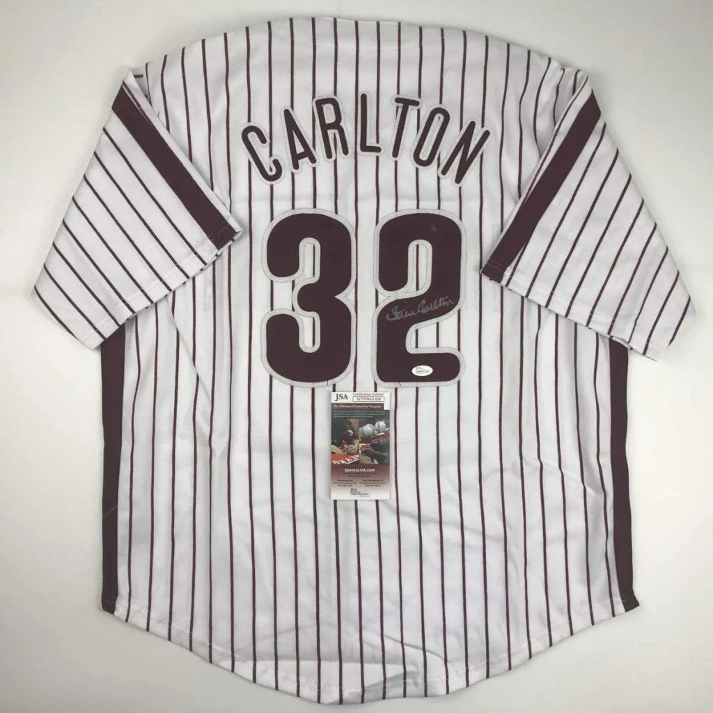 Custom baseball jersey with black and white pinstripes, number 32, Carlton name
