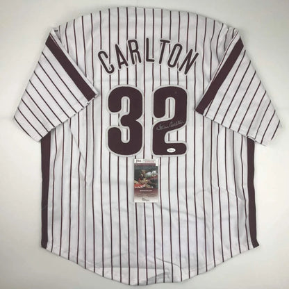 Custom baseball jersey with black and white pinstripes, number 32, Carlton name