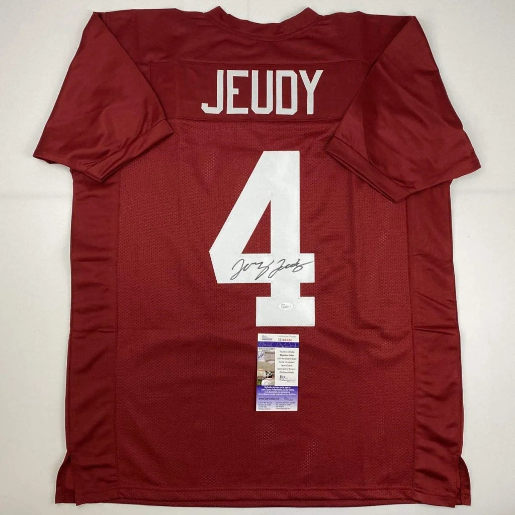 Maroon Alabama custom jersey number 4 Jeudy with white lettering and signature