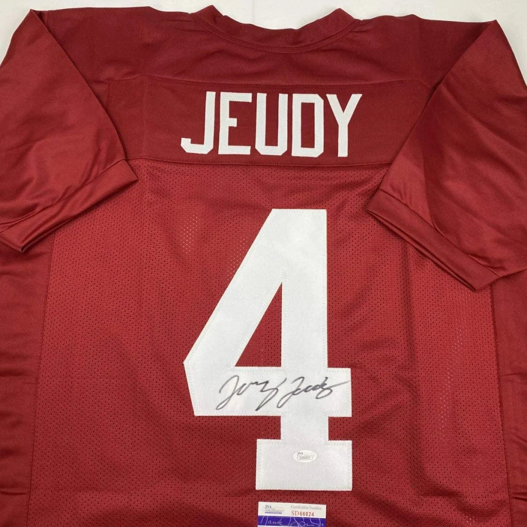 Red custom jersey with white Jeudy name, Alabama football collectible