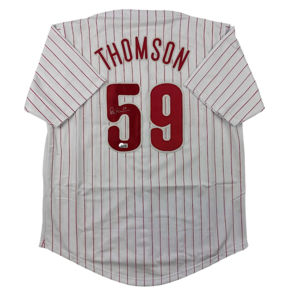 White pinstriped custom jersey with red name and number for sports league fans