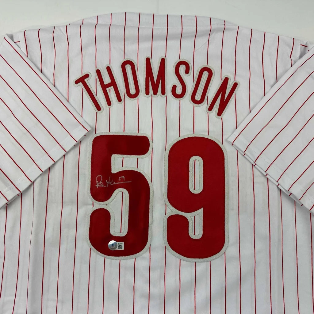 White pinstriped custom jersey with red lettering for professional sports or sports league