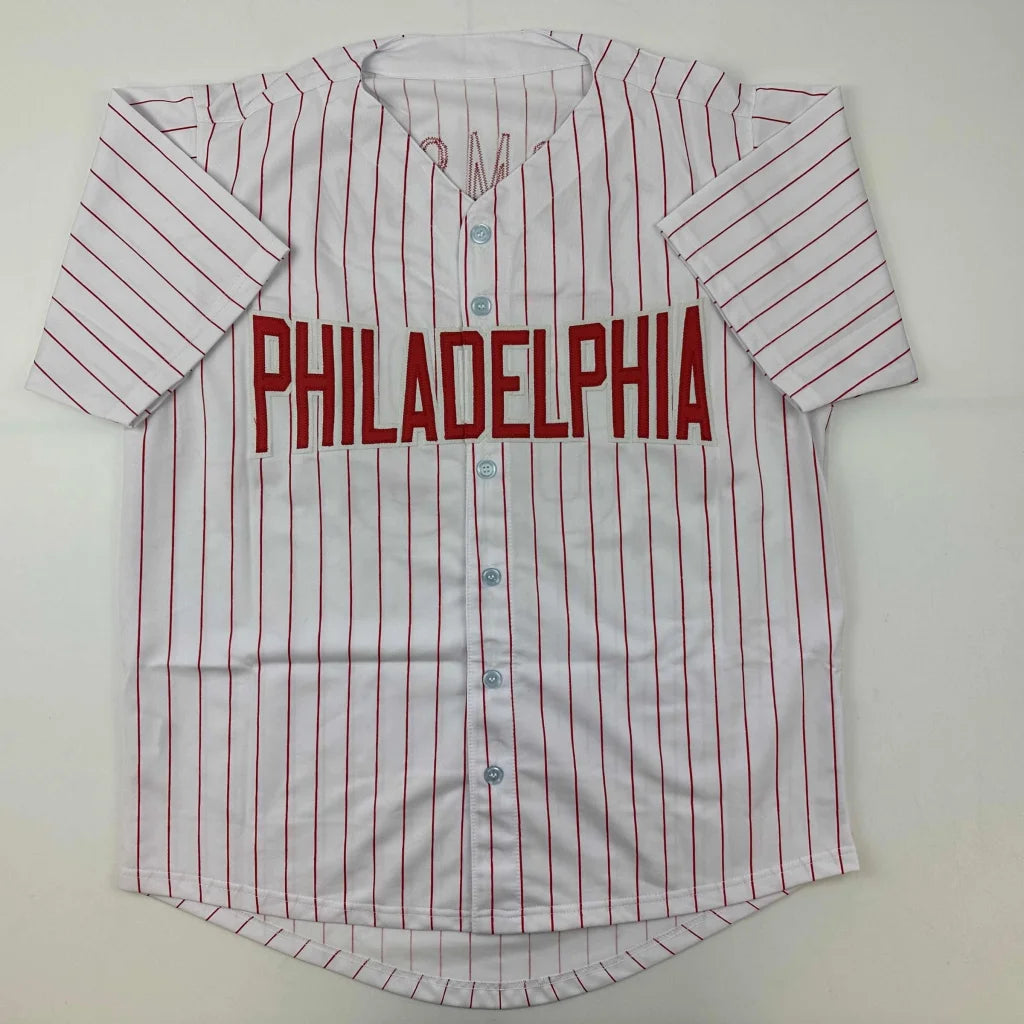 White pinstripe custom jersey with PHILADELPHIA in red for professional sports fans