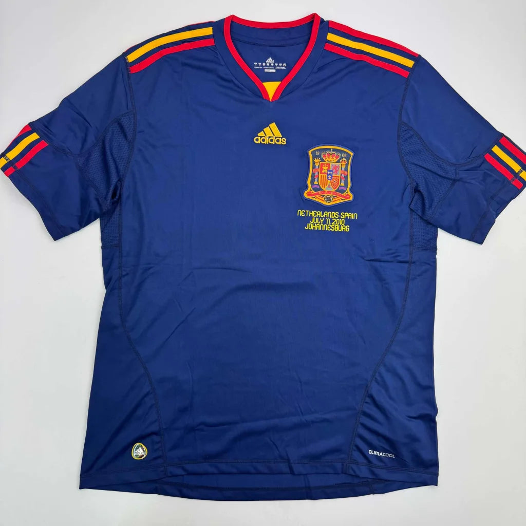 Custom blue Spain soccer jersey with yellow red stripes, adidas logo