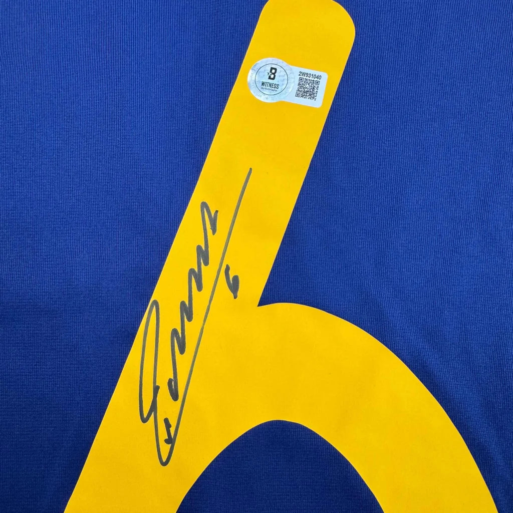 Custom yellow and blue soccer jersey with large number 6 for professional sports league