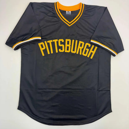 Custom Pittsburgh v-neck baseball jersey in navy blue with yellow lettering