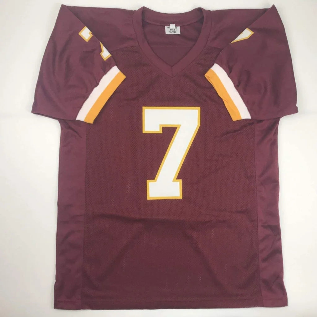 Maroon custom jersey with number 7 and gold accents, perfect for professional sports fans
