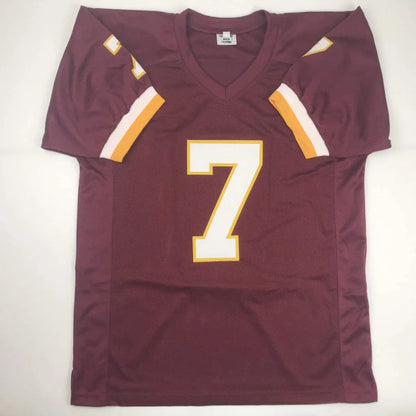 Maroon custom jersey with number 7 and gold accents, perfect for professional sports fans