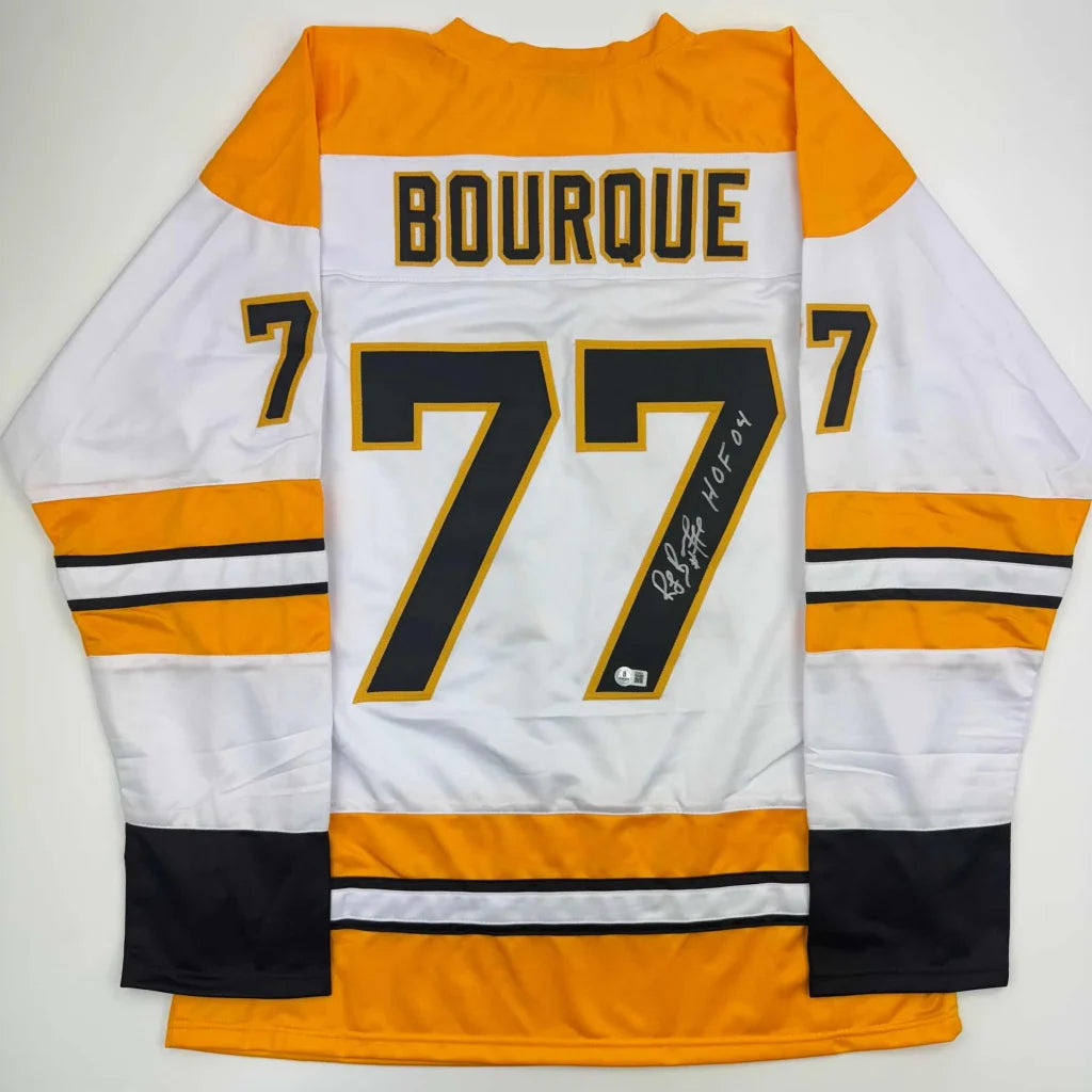 Custom Jersey Number 77 Bourque white with gold black accents for professional sports