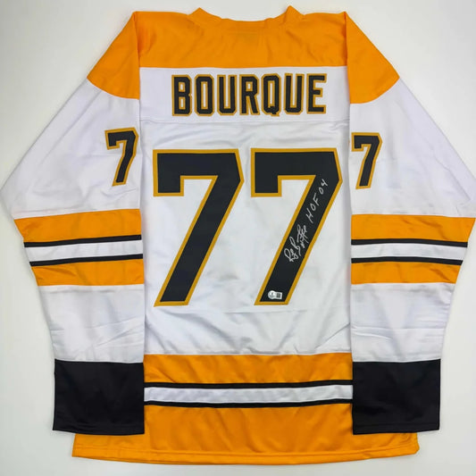 Custom Jersey Number 77 Bourque white with gold black accents for professional sports