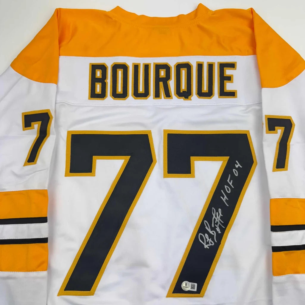 Custom Jersey Number 77 Bourque in White Gold Black for Professional Sports League