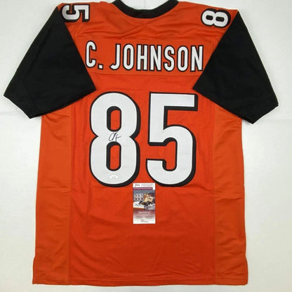 Orange and black custom jersey with number 85 and autograph from C Johnson for pro sports fans