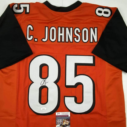 Orange and black custom jersey signed by C Johnson, perfect for sports league fans