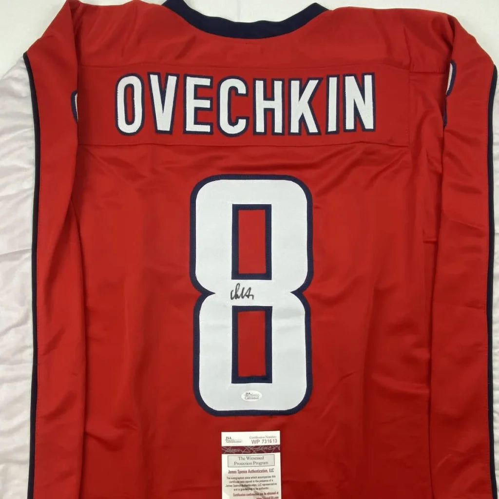Red custom hockey jersey with Ovechkin autographed, perfect for professional sports fans