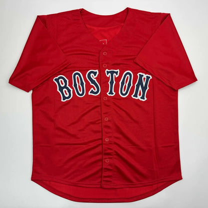 Autographed Pedroia 15 custom jersey in red with Boston lettering