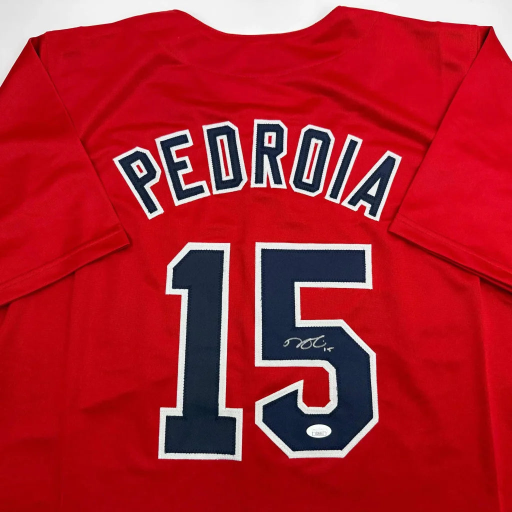 Red custom jersey with Pedroia 15 autographed, pro sports collectible