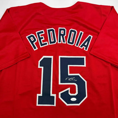 Red custom jersey with Pedroia 15 autographed, pro sports collectible