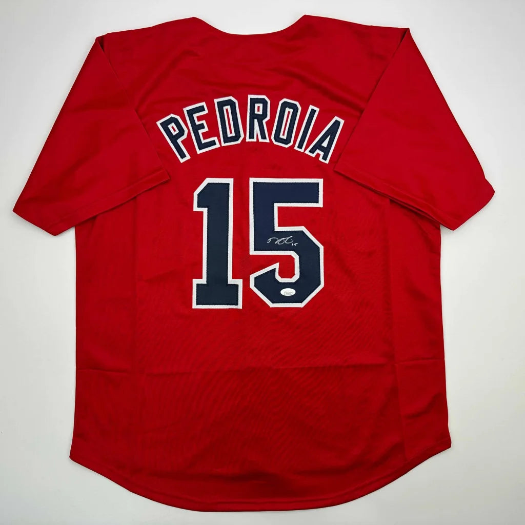 Autographed red custom jersey Pedroia 15, pro baseball collectible