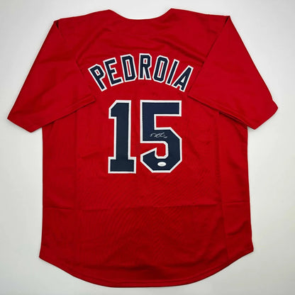 Autographed red custom jersey Pedroia 15, pro baseball collectible