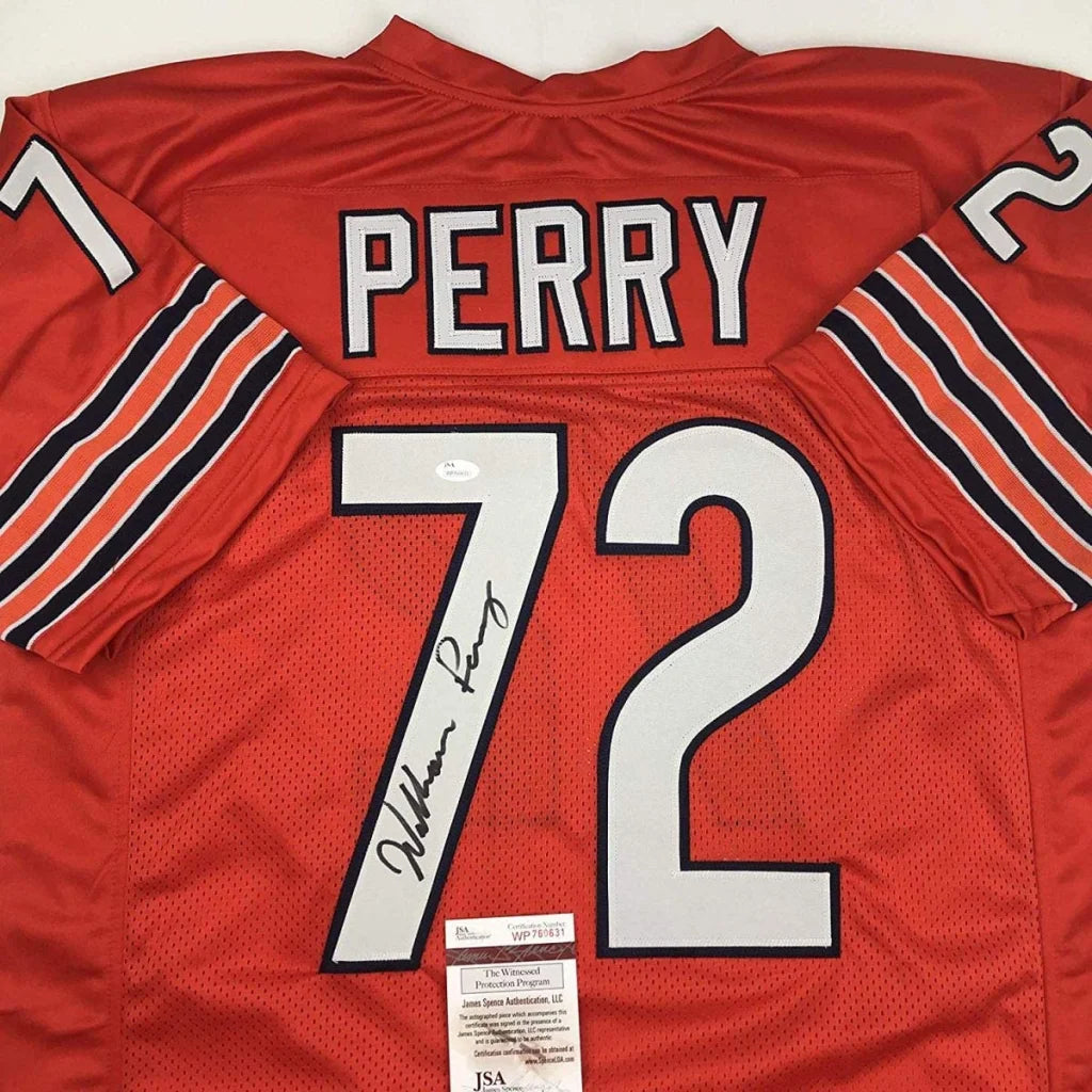 Red custom jersey Perry 72 with white lettering, autographed pro sports collectible