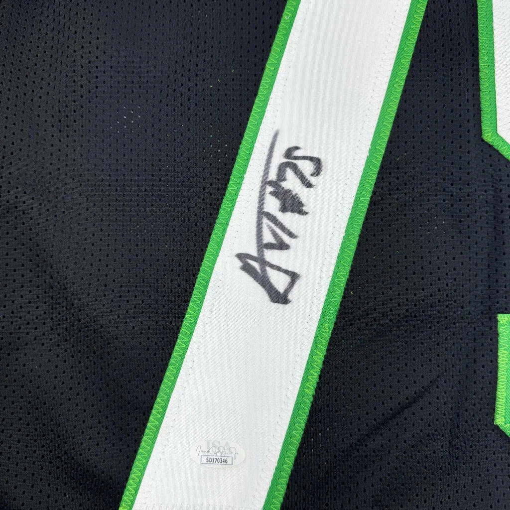 Black mesh custom jersey with green white stripes and signed logo for pro sports fans